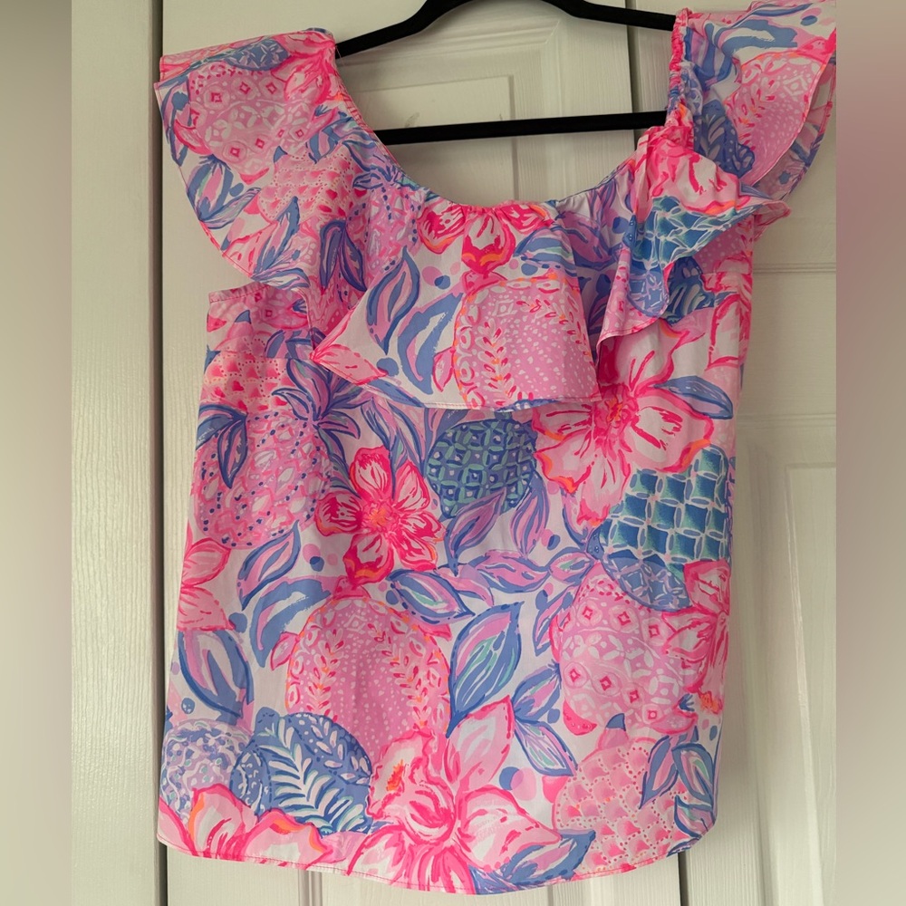 Lilly Pulitzer Pink and Blue Floral Ruffle Blouse